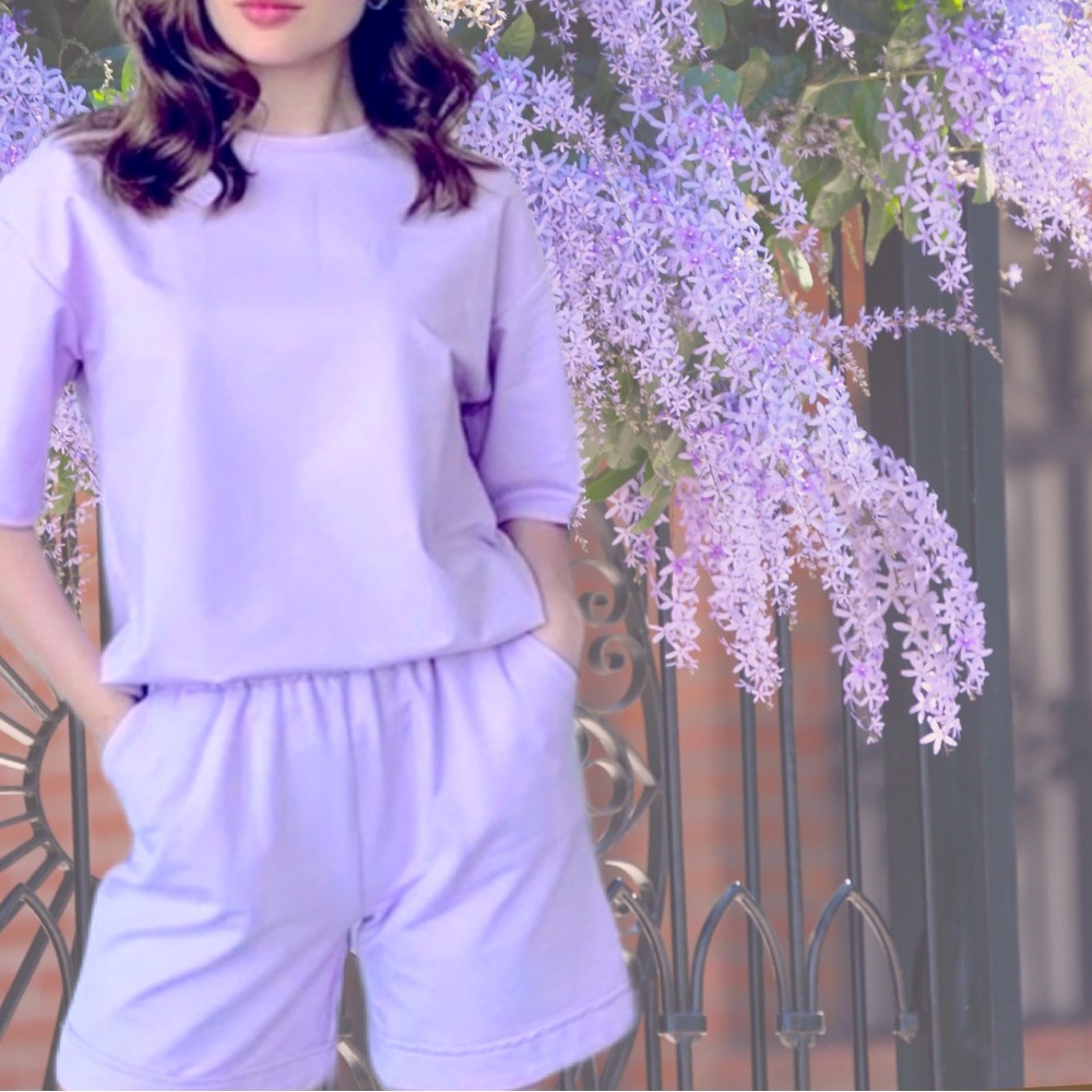 S-XL Wisteria Weekend FULL SET purple lounge shirt & gym short tapered or crop